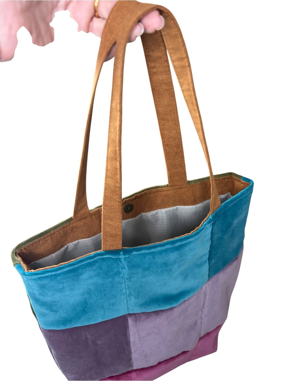 Handmade Colorblock Velvet Patchwork Tote Bag w/ Golden Girls Enamel Pin - Picture 8 of 8
